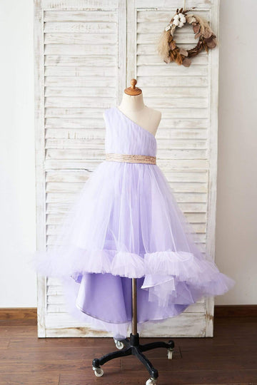 Girls One Shoulder Hi-Low Lavender Tulle Party Dress Communion Dress