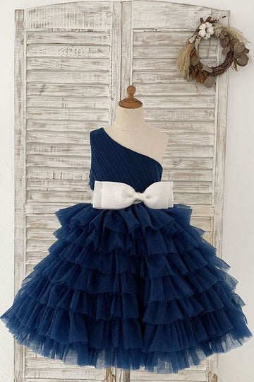 Girls One Shoulder Navy Blue Cupcake Dress Flower Girl's Dress Party Communion Dress