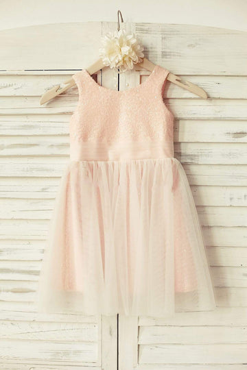 Girls Peach Pink Sequin Tulle Flower Girl's Dress Party Dress