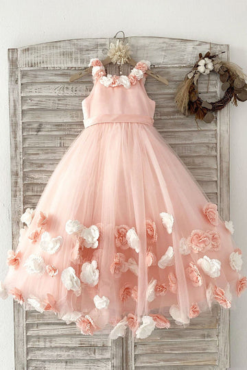 Girls Pink 3D Flowers Party Dress Communion Dress