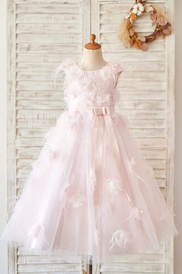 Girls Pink Lace Tulle V Back Flower Girl's Dress Party Dress Communion Dress