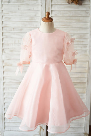 Girls Pink Neoprene Short Sleeves Flower Girl's Dress Party Dress