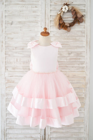 Girls Pink Satin Tulle Cupcake Wedding Flower Girl Dress with Bow