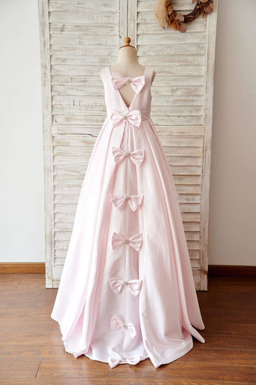 Girls Pink Satin V Back Flower Girl's Dress Party Communion Dress with Bows