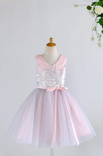 Girls Pink Silver Gray Sequin Tulle V Neck Party