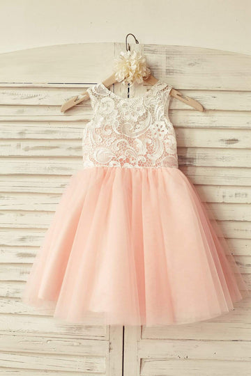 Girls Princess Ivory Lace Blush Pink Tulle Flower Girl Dress Party Dress