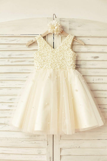 Girls Princess V-Neck Champagne Tulle Pearl Beaded Flower Girl Dress Party Dress