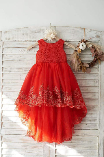 Girls Red Lace Tulle Hi-Low Style Flower Girl's Dress Party Dress