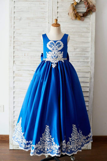 Girls Royal Blue Satin Square Neck  Party Dress Communion Dress with Lace Trim