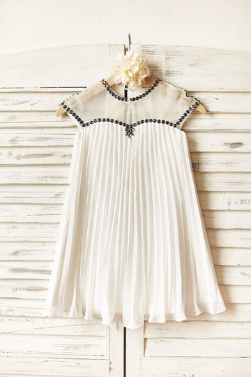 Girls Sheer Neck Gray Beaded Ivory Chiffon Flower Girl Dress Party Dress