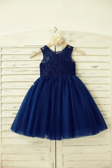 Girls Sheer Neck Navy Blue Lace Tulle Flower Girl Dress Party Dress