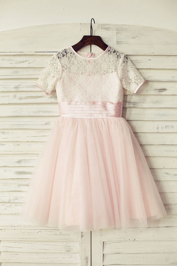 Girls Short Sleeves Pink Lace Tulle Flower Girl's Dress Party Dress