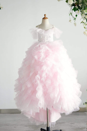 Girls Off Shoulder Pink Polka Dot Lace Tulle Ball Gown Party Communion Dress