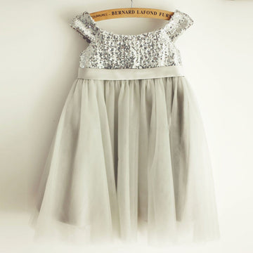 Girls Silver Gray Sequin Tulle Straps Flower Girl's Dress Party Dress