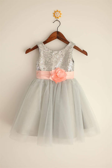 Girls Silver Grey Sequin Tulle Flower Girl's Dress Party Dress with Blush Pink Belt