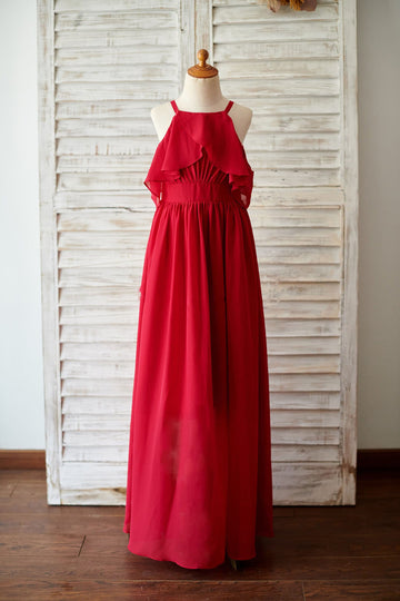 Girls Spaghetti Straps Red Chiffon Wedding Junior Bridesmaid Dress