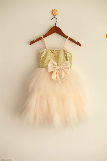 Girls Thin Straps Gold Sequin Champagne Tulle Ruffle Flower Girl Dress Party Dress