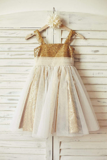 Girls Thin Straps Gold Sequin Ivory Tulle Flower Girl Dress Party Dress