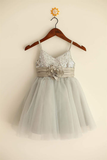 Girls Thin Straps Silver Sequin Tulle Flower Girl Dress Party Dress